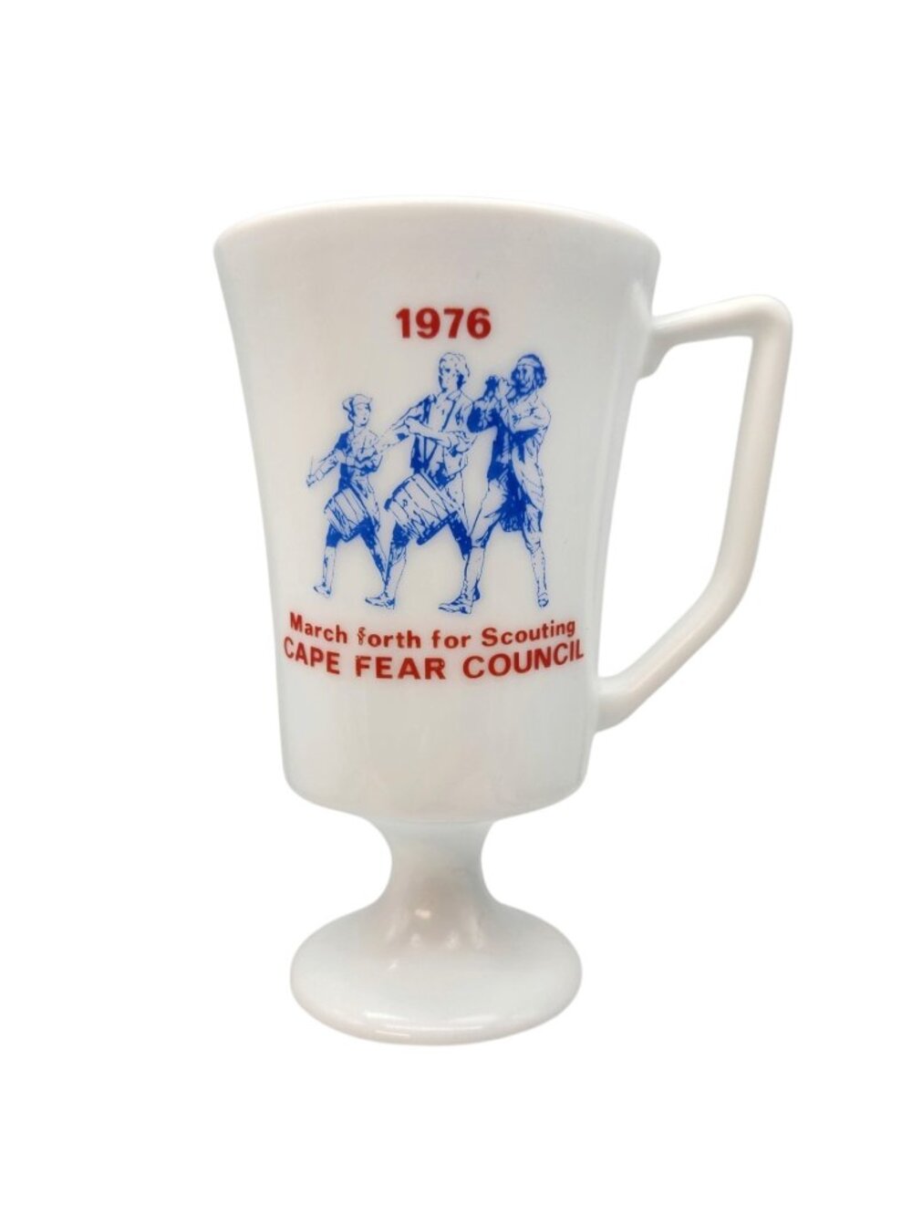 1976 BSA Pedestal Mug March forth for Scouting Cape Fear Council Milk Glass